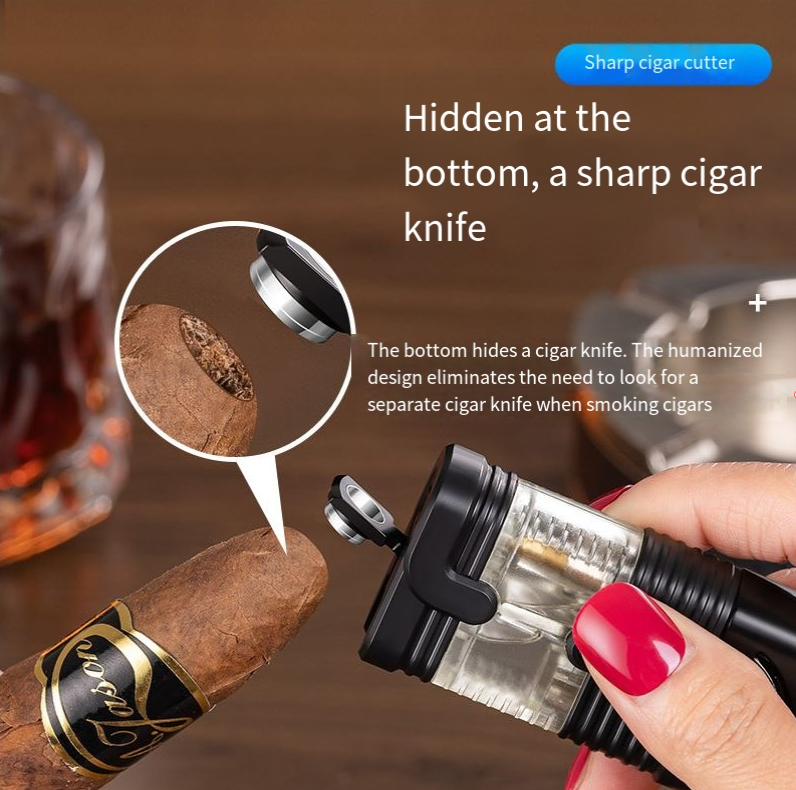 Three Direct-to-cigarette Lighter - Black  Three Nozzle Flames  Butane Torch Igniter  Rechargeable Butane Gas Igniter  Windproof Adjustable  3 Burning Flames  Suitable For Cooking, Camping, Cigar Ligh