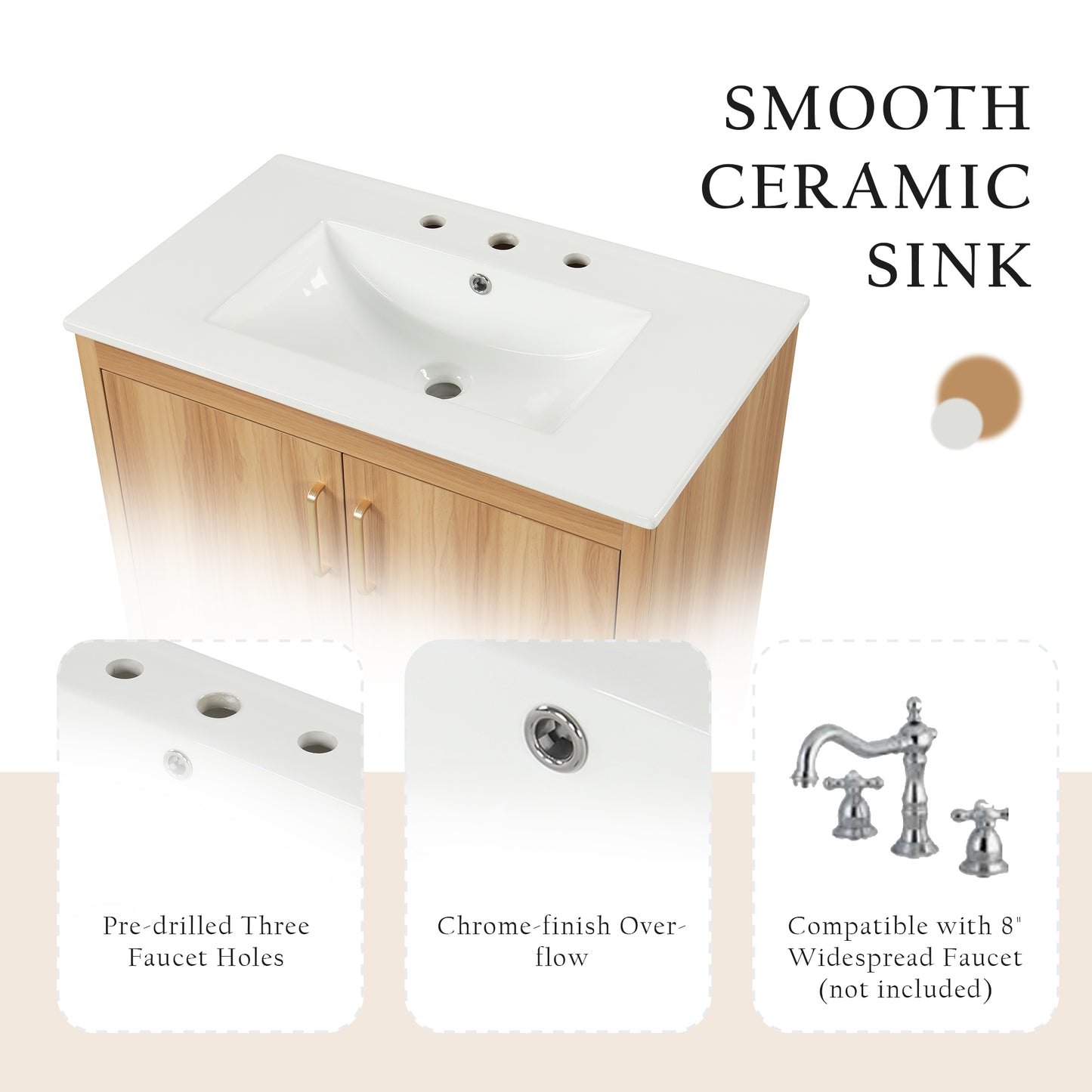 30 Bathroom Vanity With Sink Combo, Multi-functional Bathroom Cabinet With Doors And Drawer,  MDF Board, Natural