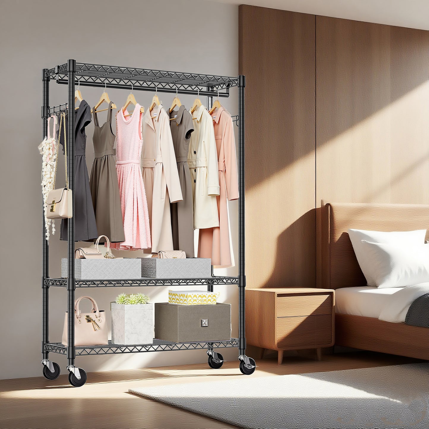 Heavy Duty Rolling Garment Rack 3 Tiers Adjustable Wire Shelving Clothes Rack With 1 Rods And Side Hooks,Storage Closet Clothing Rack With Wheels Black 15.7  D X 45.3  W X 75.6  H, Black