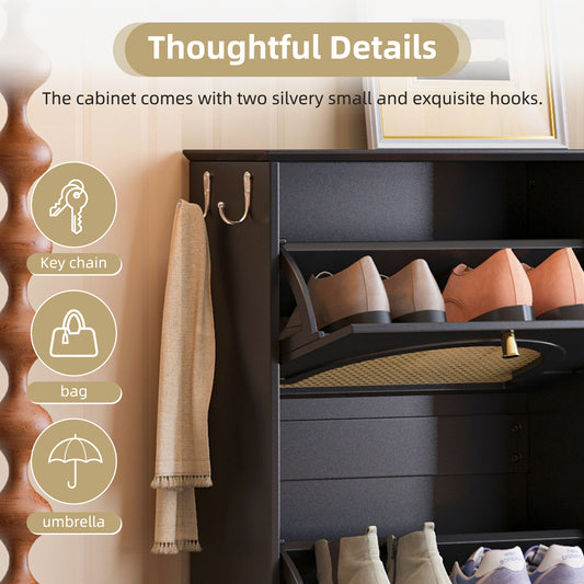 Mid-Century Narrow Design Tipping Bucket Shoe Cabinet With 4 Flip Drawers, Elegant Entryway Shoe Organizer With 4 Rattan Doors, Freestanding Shoe Rack With 2 Silvery Hooks For Hallway, Black, 42.1 W