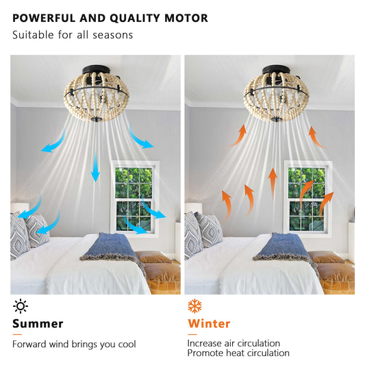 18 Bohemian Wood Beaded Ceiling Fan With Light, Flush Mount Caged Ceiling Fan, Rustic Farmhouse Low Profile Fan Light Fixture For Indoor Home Decor  Silent 6-Speed Reversible  DC Motor  No Bulbs
