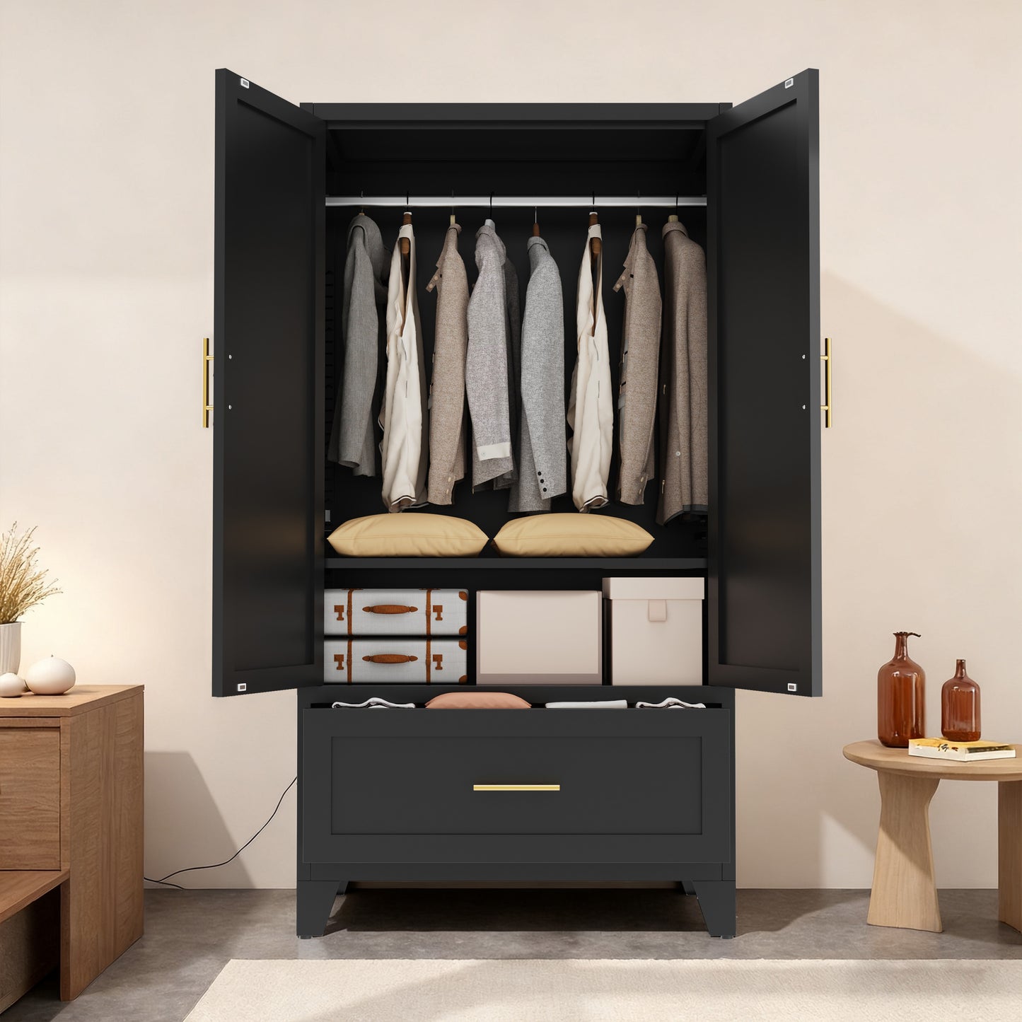 60inch Tall Metal Wardrobe Cabinet With 1 Drawer And Hanging Rod, 2 Doors Wardrobe Closet With Shelf For Bedroom, Office, Laundry Room,Entryway ,Foyer,Guesthouse Black