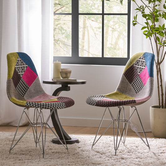 Patchwork Accent Chair Bohemian Style Fabric Chair With Chromed Legs Geometric Pattern Chair, 18D X 21W X 32H, Set Of 2