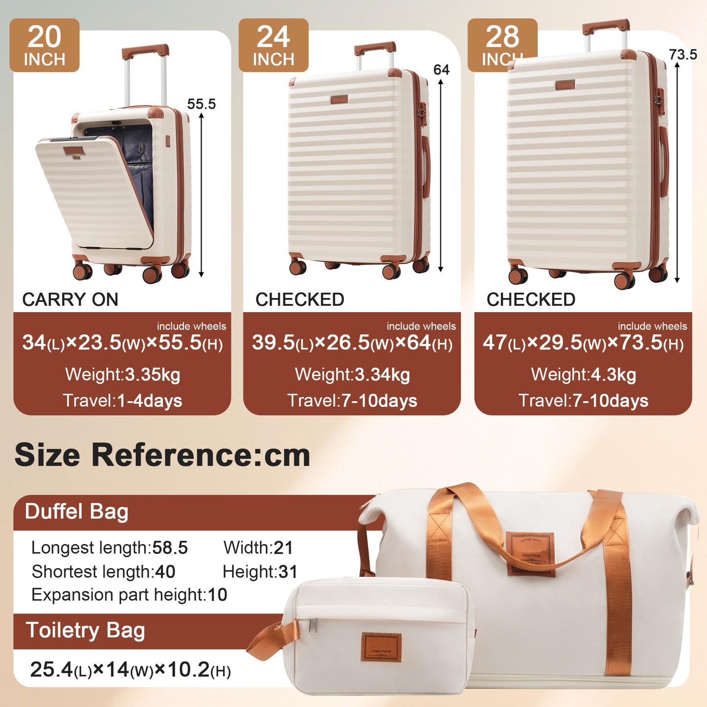 Luggage Sets 5 Piece With Front Opening , Hardside Expandable Carry On Suitcase With Spinner Wheels TSA Lock USB Port  Cup Holder Duffel Bag And Toiletry Bag