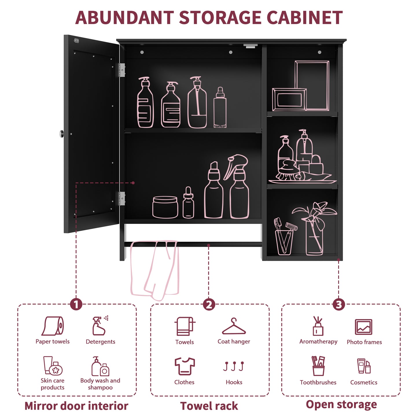 Wall Mounted Bathroom Storage Cabinet, Medicine Cabinets With Large Mirror Door, Adjustable Shelves And Three Open Storage Levels Not Include Bathroom Vanity