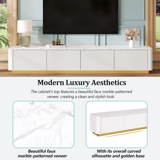 ON-TREND Luxury Fluted TV Stand For TVs Up To 85, Faux Marble Tabletop Media Console With 4 Drawers, Curved Profile Design, Modern Entertainment Center With Gold Base For Living Room, White