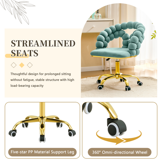 Modern Velvet Adjustable Swivel Desk Chair With Bubble Back, Upholstered Vanity Chair With Gold Metal Base, Rolling Office Chair For Home Office, Bedroom, Makeup Room, Teal  Set Of 1