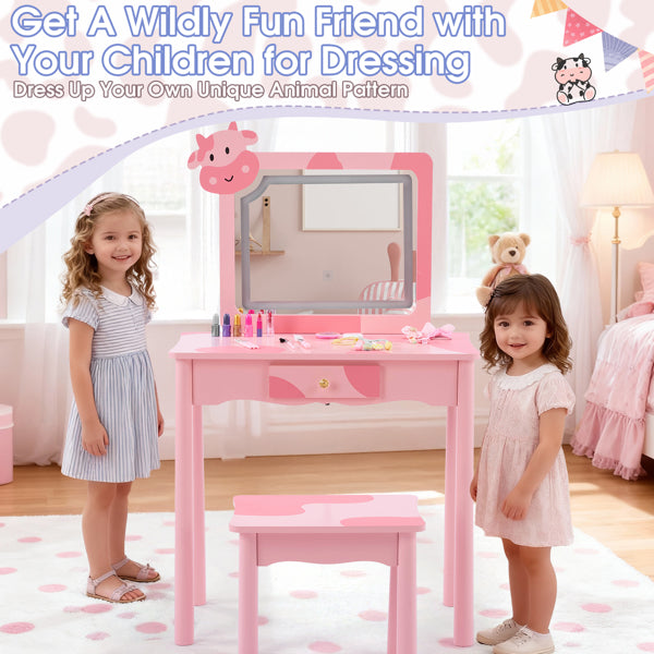 Pink MDF - Solid Wood Legs, Spray Paint - Silkscreen Printing, Cow Pattern, 1-drawer Children's Dressing Table Set, LED Three-color Backlit Touch Switch