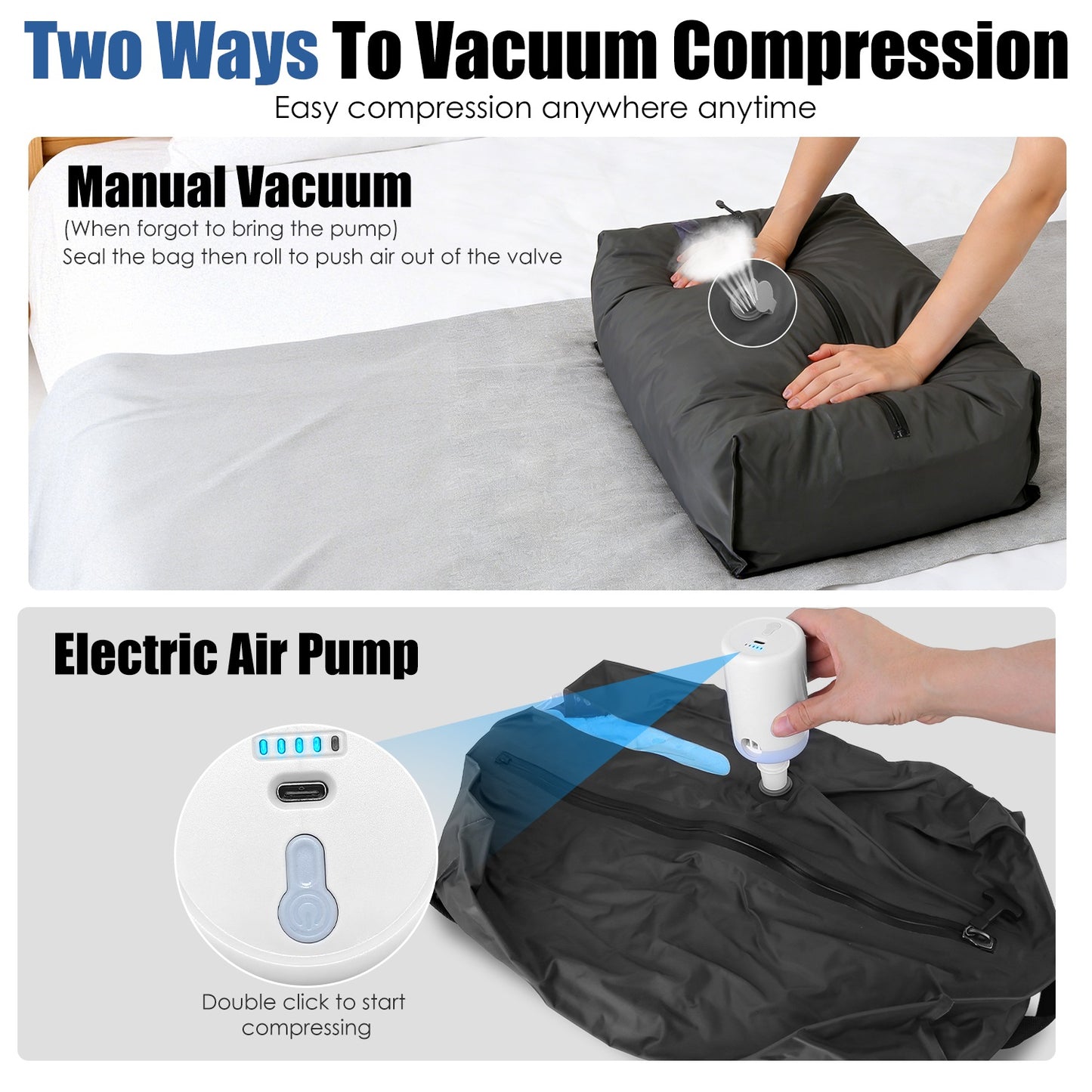 2Pcs 17L Vacuum Bags With Pump Clear Window Handle IP67 Waterproof TPU Vacuum Packing Cubes Travel Vacuum Seal Bags Packing Organizers For Clothing Luggage Backpack Suitcase