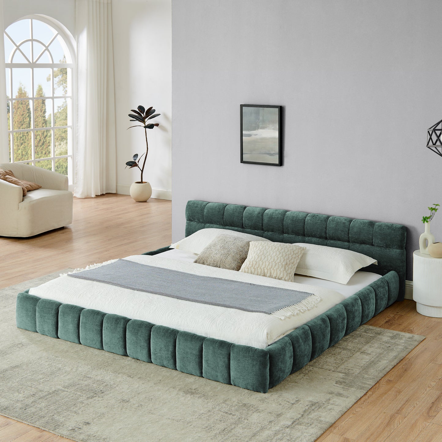 King Size  Upholstered Bed Frame With Thick Fabric, Chenille Fabric Grounded King Size Platform Bed With Headboard And Solid Frame. No Box Spring Needed-green88.5 X85.5 X24