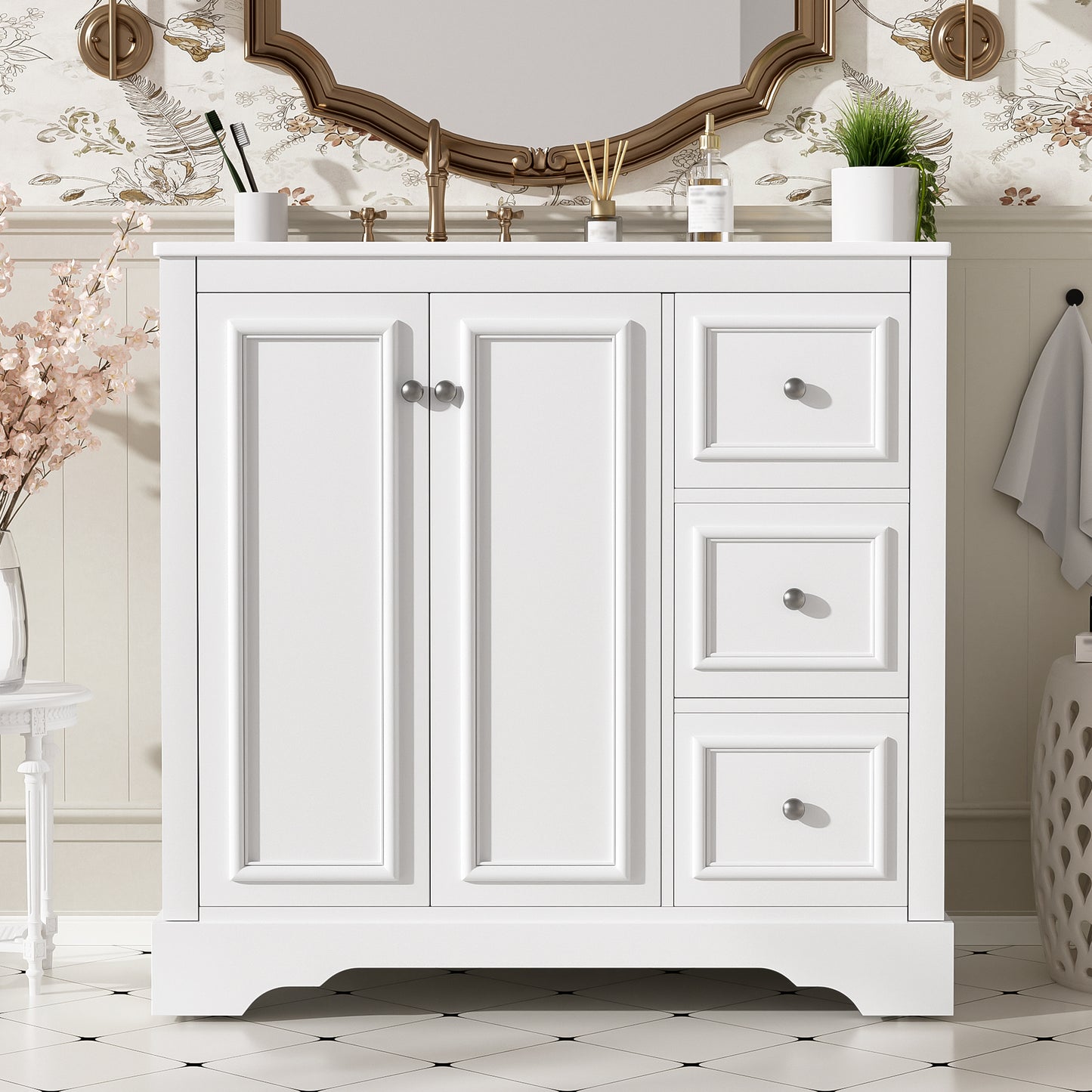 36'' Transitional Bathroom Vanity With Ceramic Sink -Features 2 Soft-close Doors, An Adjustable U-shaped Shelf, 3 Drawers  Including One With Divider , Painted Finish, And Ample Storage Space