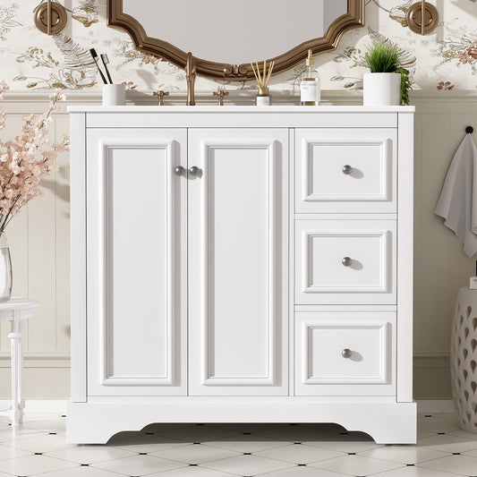 36'' Transitional Bathroom Vanity With Ceramic Sink -Features 2 Soft-close Doors, An Adjustable U-shaped Shelf, 3 Drawers  Including One With Divider , Painted Finish, And Ample Storage Space