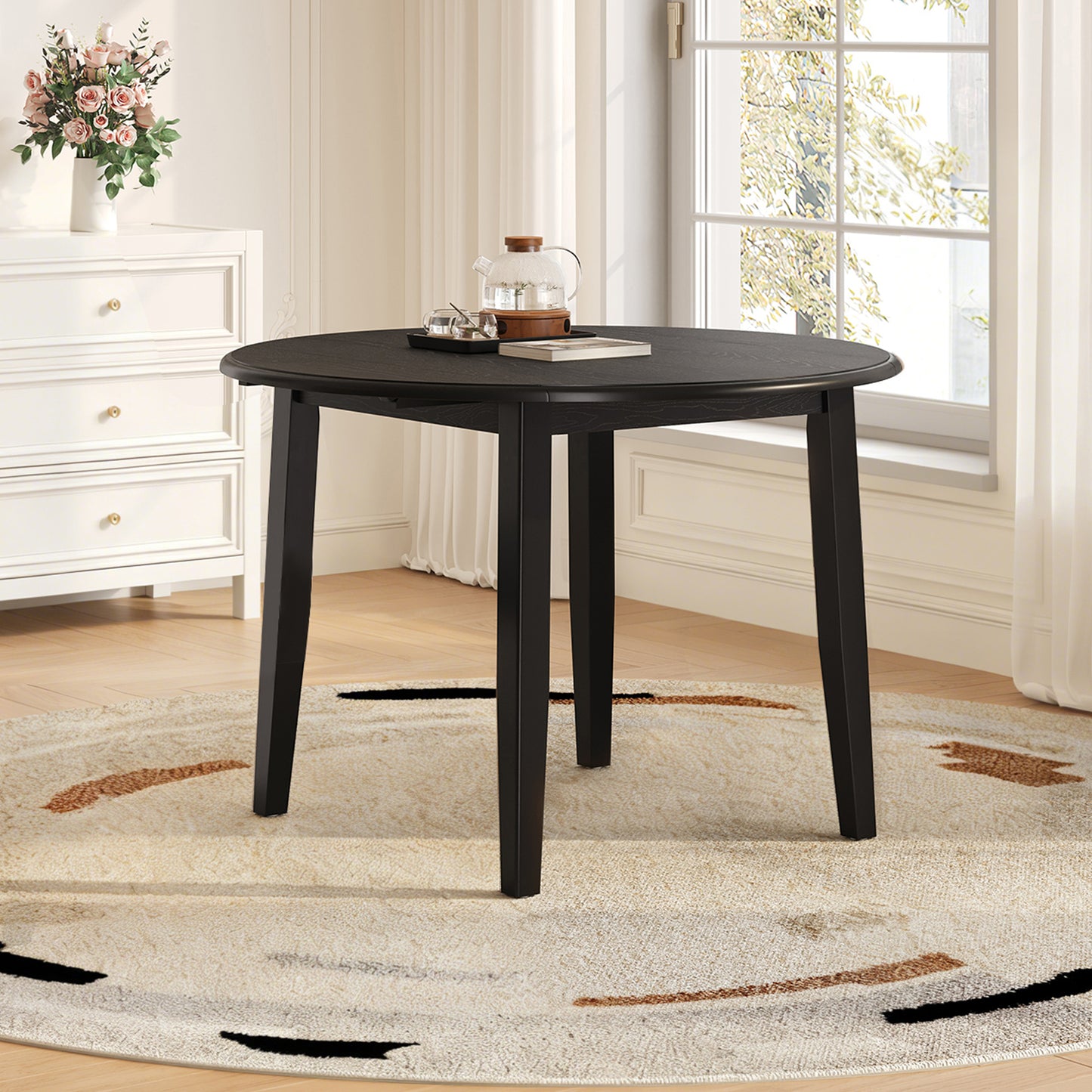 Extendable Round Dining Table For 2 4 People Folding Wood Dining Table With Adjustable Size, Space-Saving Design For Small Apartments And Dining Areas - BLACK