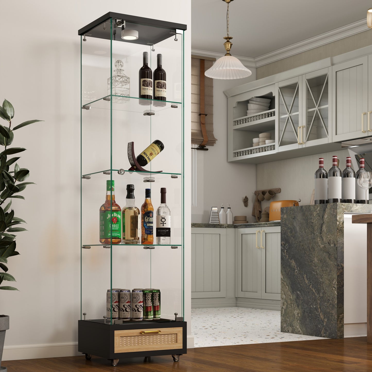 Modern Glass Display Cabinet With Drawer , Quick-assembly Antique Cabinet With LED Lights, Tempered Glass Bookshelf,  1-Door Storage Case With 4 Shelves  For Living Room And Bedroom, Black And Natural