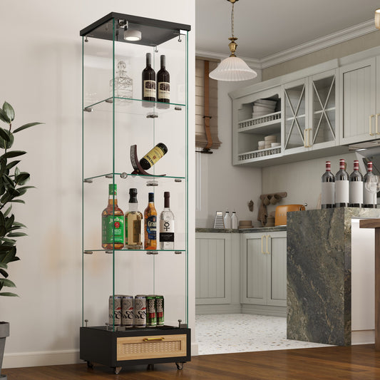 Modern Glass Display Cabinet With Drawer , Quick-assembly Antique Cabinet With LED Lights, Tempered Glass Bookshelf,  1-Door Storage Case With 4 Shelves  For Living Room And Bedroom, Black And Natural