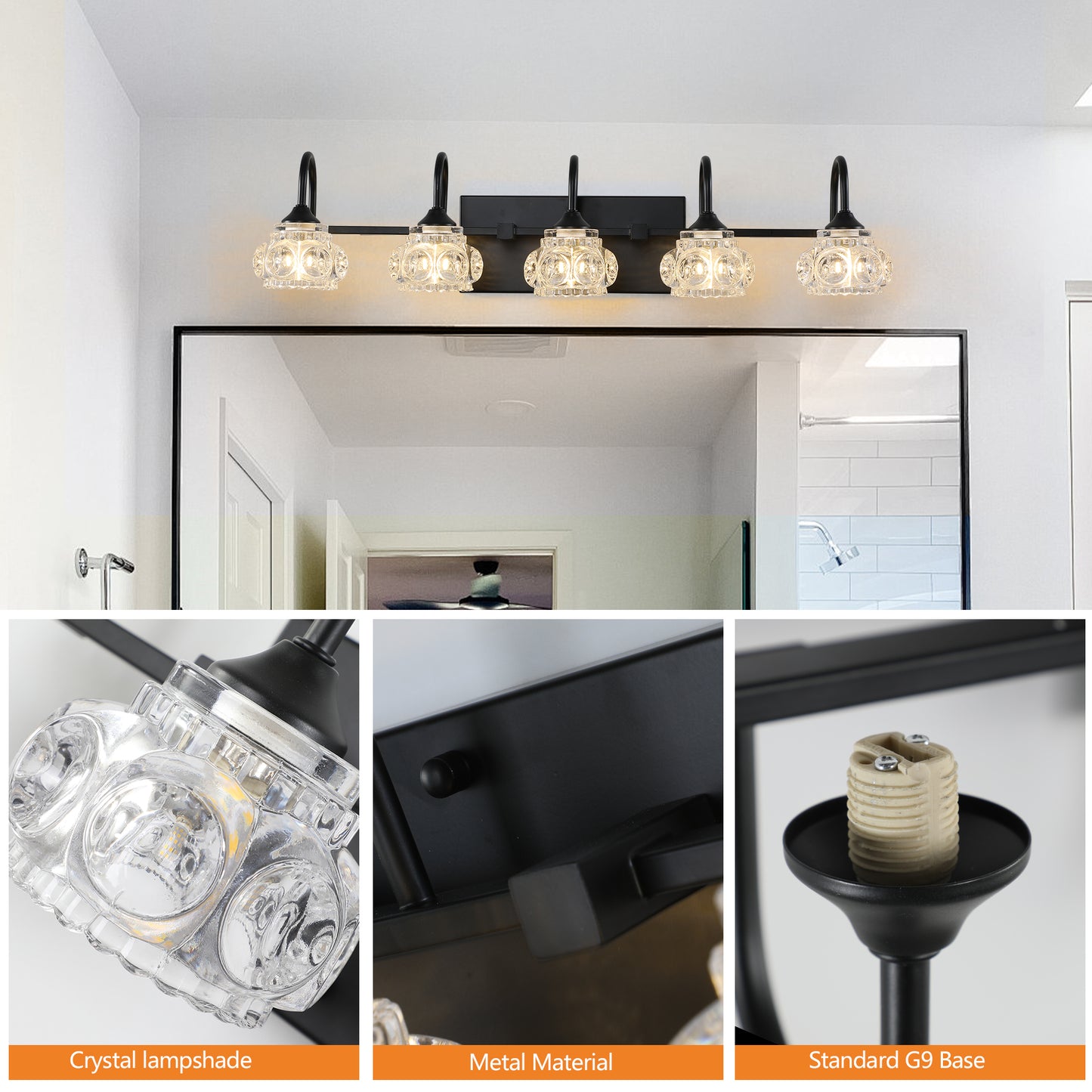 29  Retro 5-Light Bathroom Vanity Light Fixture - Black Finish With Crystal Glass Shades, Wall Mounted Lighting For Bathroom, Powder Room, And Vanity Mirror  No Bulbs