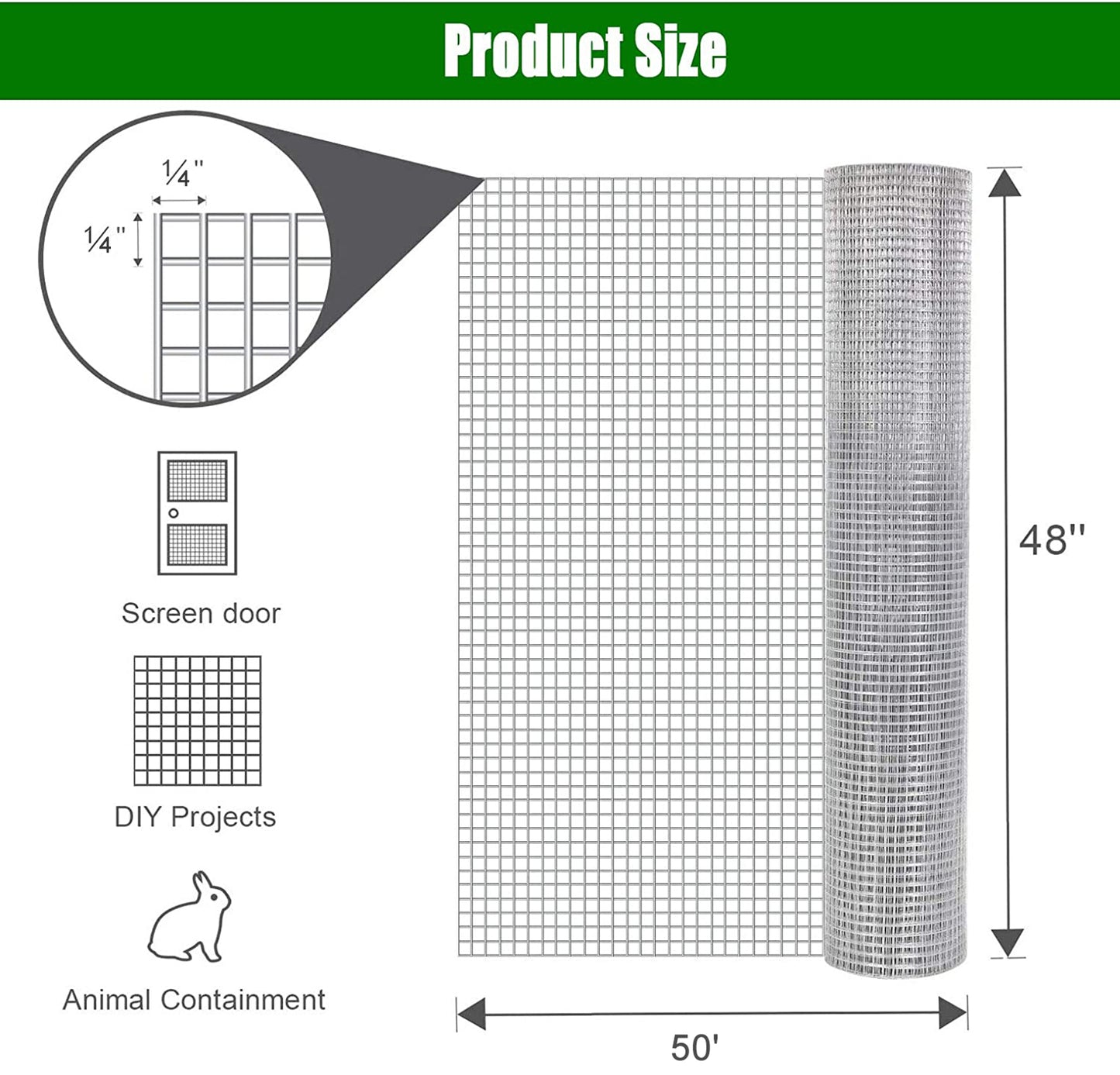 Hardware Cloth 0.25 Inch 48in X 50ft 23 Gauge, Hot Dip Galvanized After Welding Chicken Wire Fence Roll Garden Plant Welded Metal Wire Fencing Roll, Rabbit Cages Snake Fence