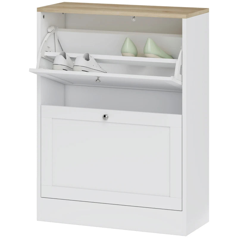 Slim Shoe Storage Cabinet, Modern Shoe Cabinet With 2 Flip Drawers And Adjustable Shelves For 8-12 Pairs, White