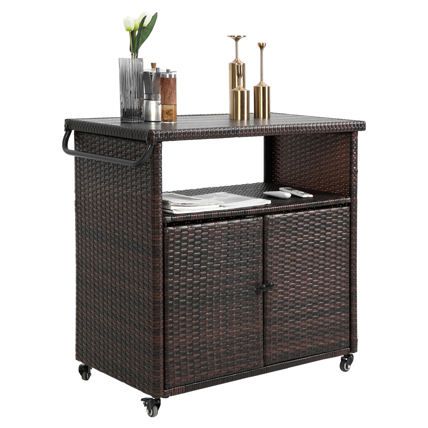 Outdoor Wicker Bar Cart, Patio Wine Serving Cart W Wheels , Rolling Rattan Beverage Bar Counter Table Plastic Wood Top For Porch Backyard Garden Poolside Party, Light Brown