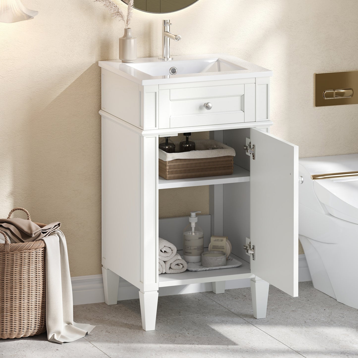 18-inch Bathroom Vanity With Ceramic Sink, Freestanding Single Vanity Set With Soft Closing Door, Adjustable Shelf, French Style, Solid Feet, White