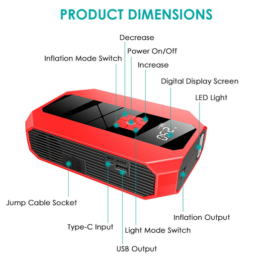 1Pc Portable Car Jump Starter Air Compressor 1500A 400PSI Car Battery Charger Jump Starter Power Bank LED Flashlight Digital Tire Inflator For 4.0L Gasoline Or 2.0L Diesel Engine
