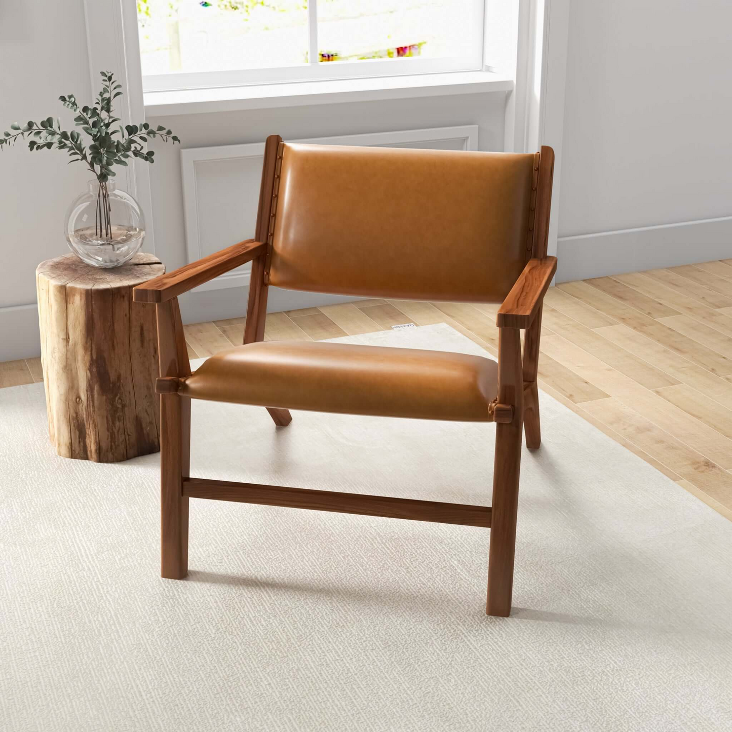 Hendrix Antique Tan Leather Arm Chair Mid-Century Modern Style With Solid Wood Frame 32   L X 26   W X 28   H For Bedroom, Living Room, Hallway