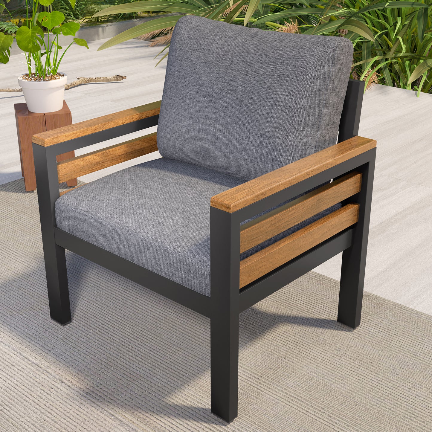 GO 4-Piece Outdoor Furniture Sofa Set For 5 People With  Acacia Wood Armrests, Patio Conversation Set With Removable Cushion And Solid Wood Coffee Table  For Garden, Grey