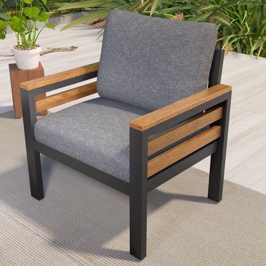 GO 4-Piece Outdoor Furniture Sofa Set For 5 People With  Acacia Wood Armrests, Patio Conversation Set With Removable Cushion And Solid Wood Coffee Table  For Garden, Grey