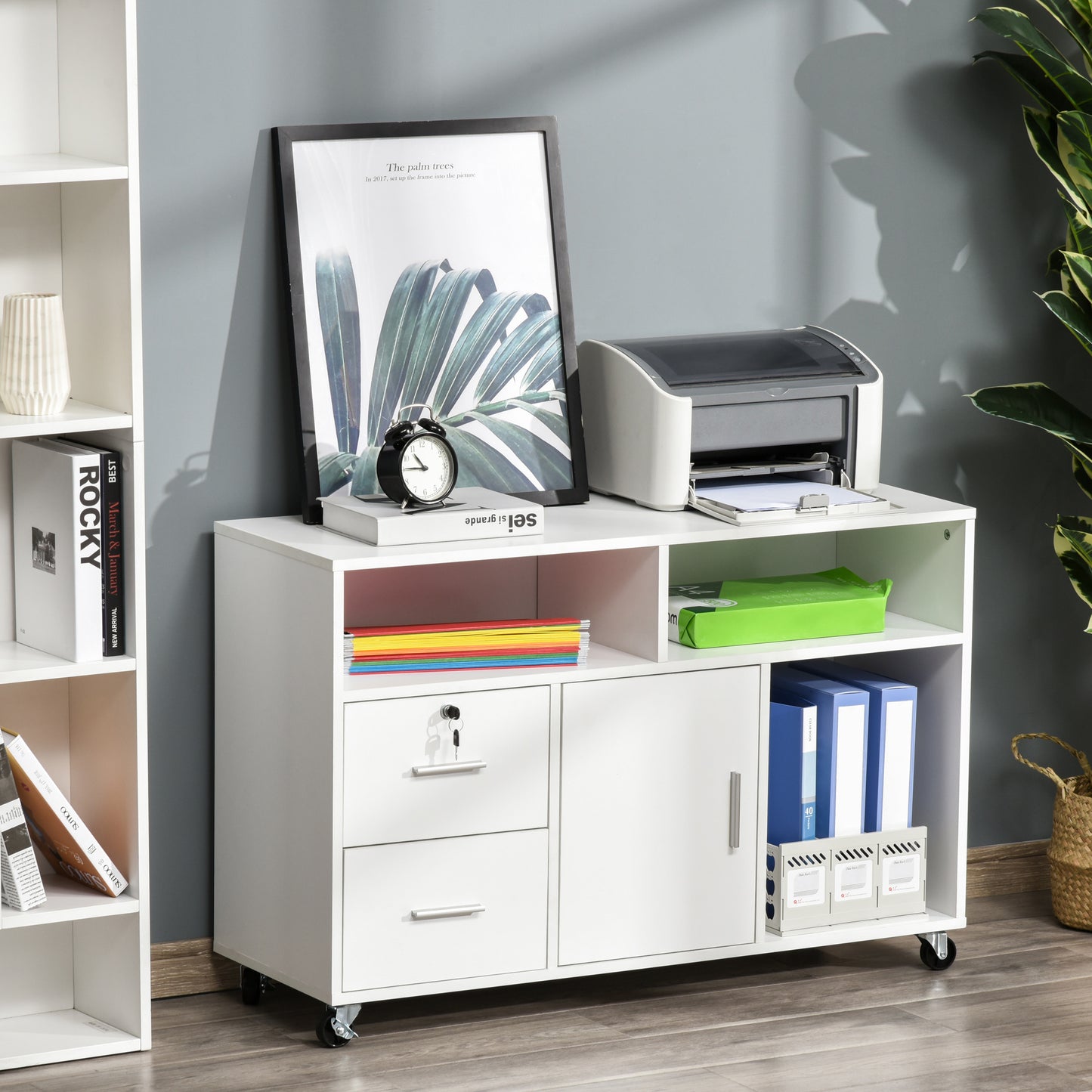 Printer Stand Home Office Mobile Storage Cabinet Organizer Desktop With Caster Wheels, 2 Locking Breaks And Drawer, White