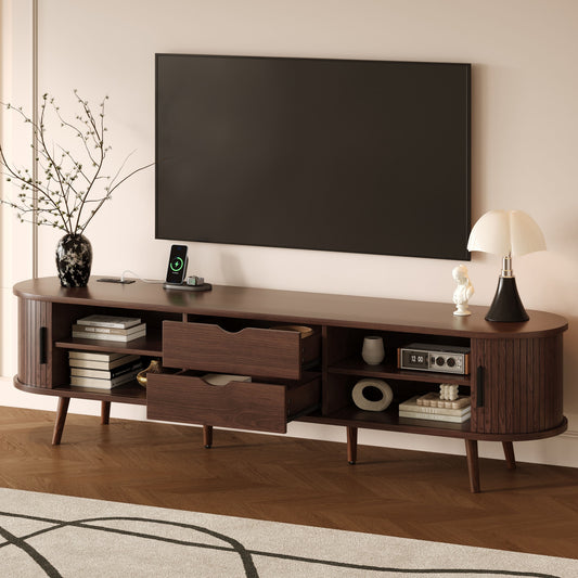 70 Inch Mid Century Modern TV Stand, TV Stand For 80 Inch TV, TV Stand With Tambour Doors, Drawers And Power Outlet, TV Consoles For Living Room, Bedroom