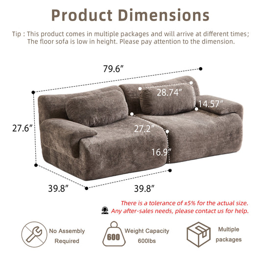 Compression Wave Sofa, Convertible Floor Sofa Bed, DIY Boneless Modular Sectional Sofa, No Assembly Required, Rabbit Velvet Fabric, 2-Seater, Light-grey
