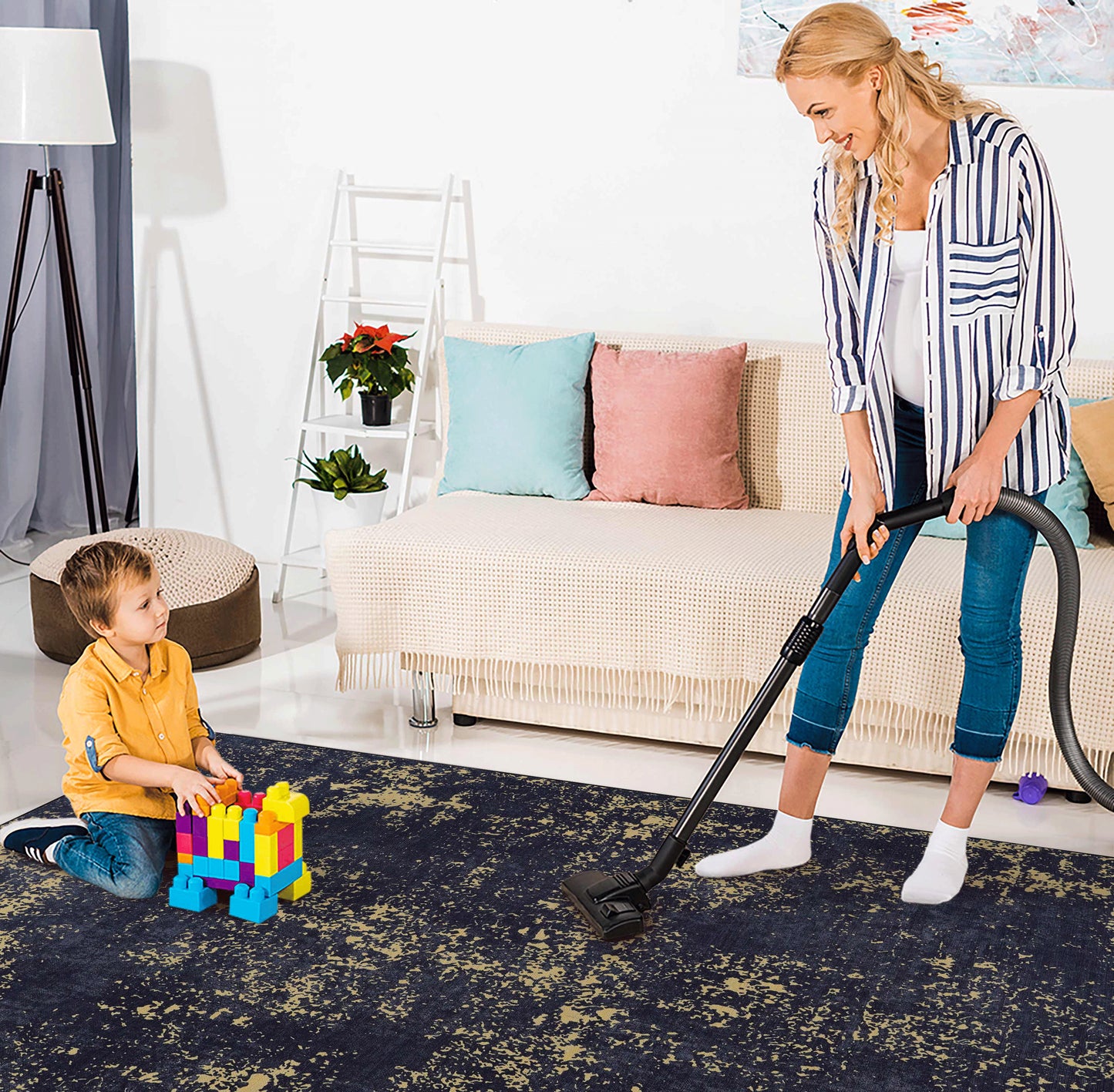 MAVAL Black Washable Rug 9x12 Area Rug  Black Gold, 9'x12'