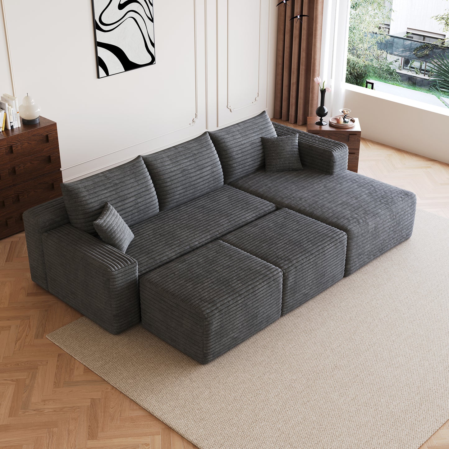 95  Cloud Sectional Sofa With 2 Ottoman,Modern Minimalist Upholstered Couches, Comfort U Shaped Sofa For Living Room,Deep Seat Corner Couch,No Assembly Required,Dark Grey Plush Corduroy Fabric