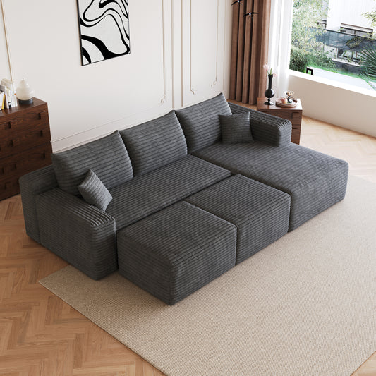 95  Cloud Sectional Sofa With 2 Ottoman,Modern Minimalist Upholstered Couches, Comfort U Shaped Sofa For Living Room,Deep Seat Corner Couch,No Assembly Required,Dark Grey Plush Corduroy Fabric