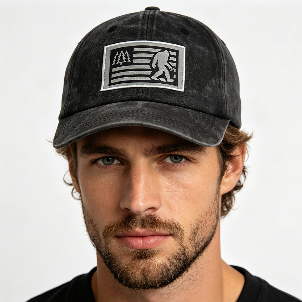 Bigfoot Sasquatch American Flag Baseball Cap - Vintage Washed Cotton Hat For Men & Women, Adjustable Low Profile Outdoor Trucker Hat