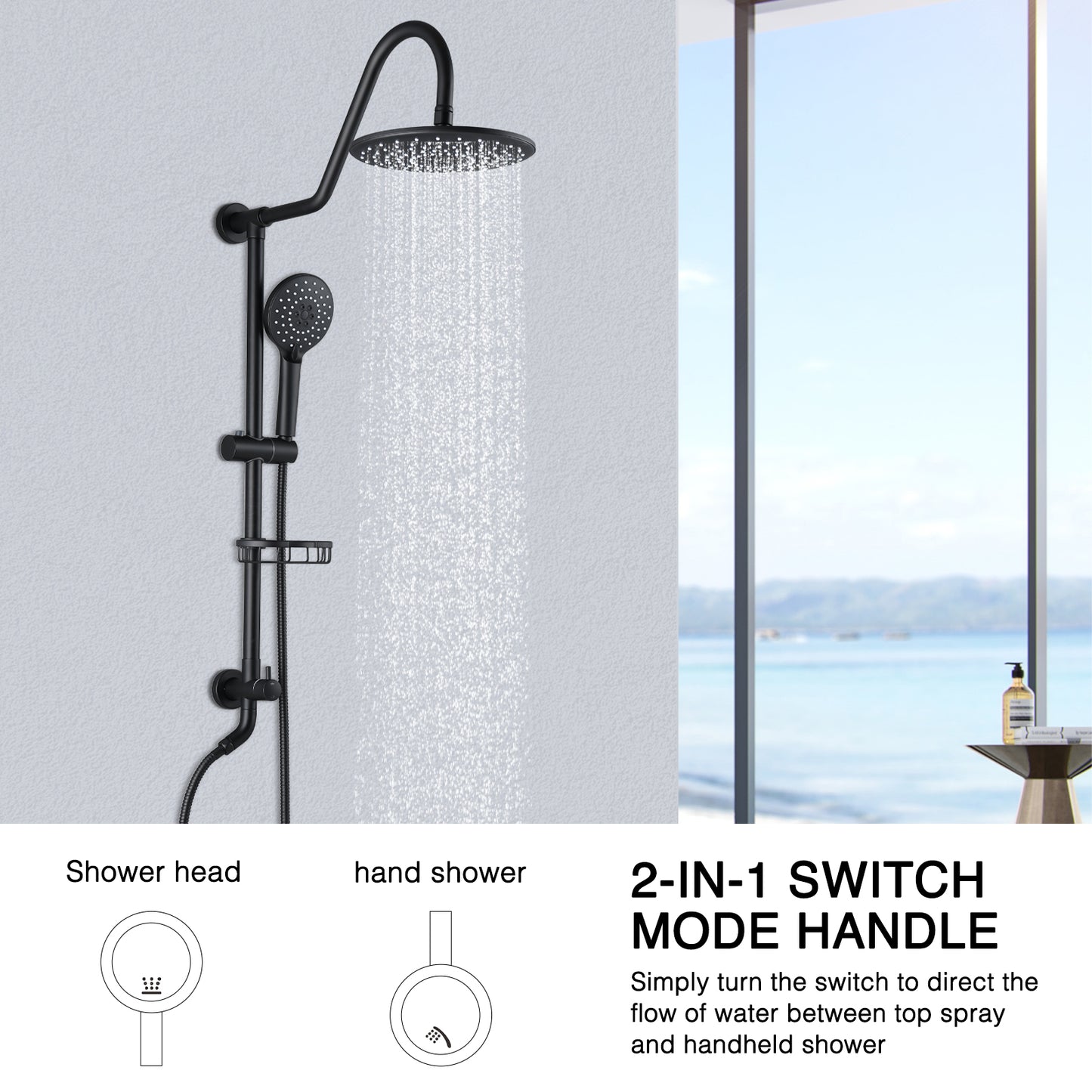 10  Rainfall Shower Head And Handheld Showerhead Combo Shower System With Slide Bar, Matte Black