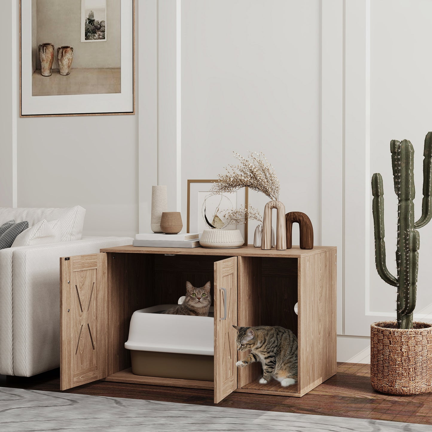 Cat Litter Box Enclosure With Scratching Board, Cat Washroom End Side Table, 31.5 X 19X 20, Walnut Brown