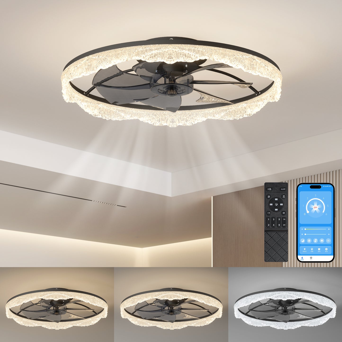 24 Decorative LED Ceiling Fan Light  Modern Flush Mount With Acrylic Ring, Hidden Blades, Remote Control, And Dimmable Light For Stylish Homes  Black