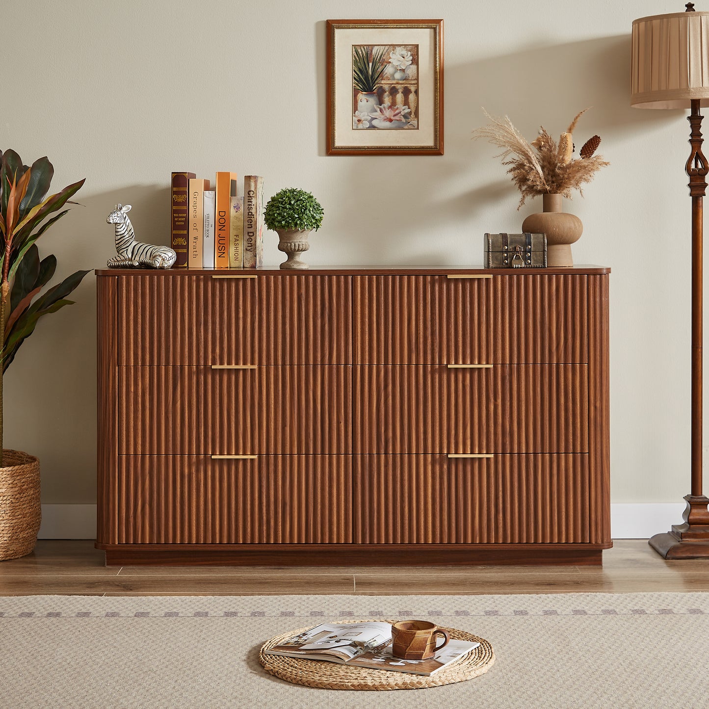 6 Drawers Dresser,55 Wide Modern Chest Of Drawers Curved Wave Design, Dresser TV Stand, Wood Drawer Organizer For Bedroom, Living Room, Hallway, Walnut,55.12''W X 15.75''D X 31.5''H.
