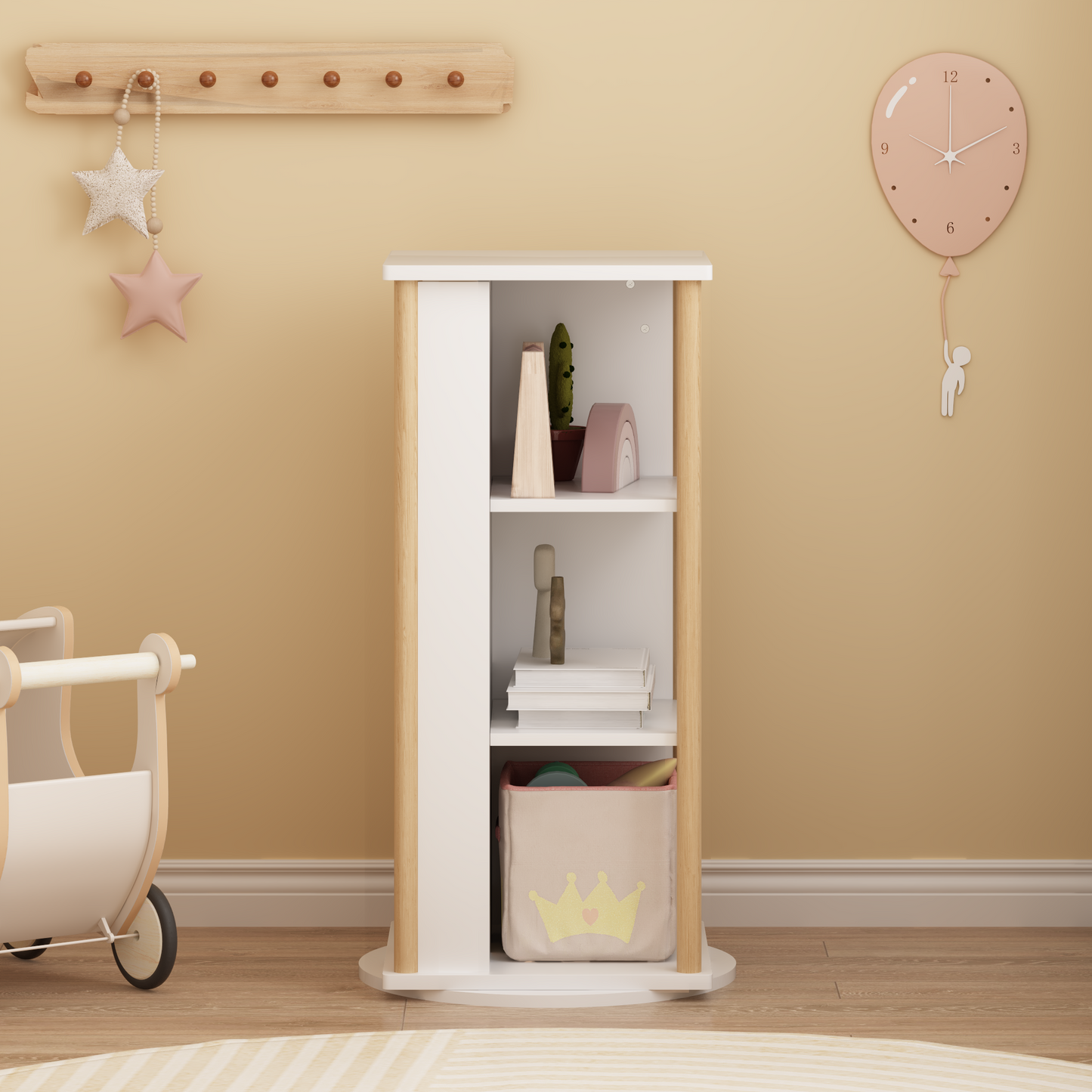 360 Rotating Kids Bookshelf With Chalkboard, 3-Tier Wood Floor Revolving Bookcase & Toy Storage Organizer, Picture Book Display Stand For Toddlers, Nursery & Playroom, White And Natural