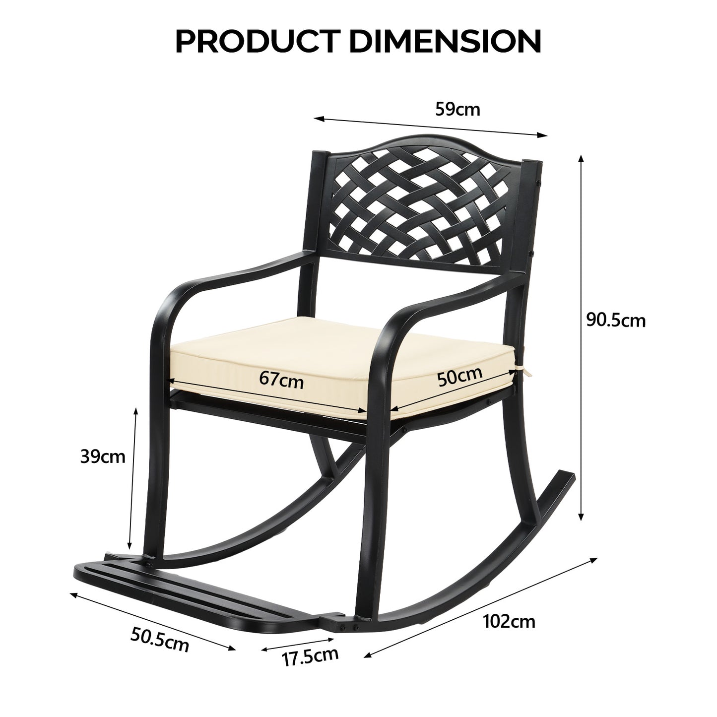 Metal Rocking Chair, Outdoor Rocking Bench With Cushion, Patio Rocker With Footrest, Weatherproof Rocking Chair For Outside, Patio, Garden, Hole Backrest
