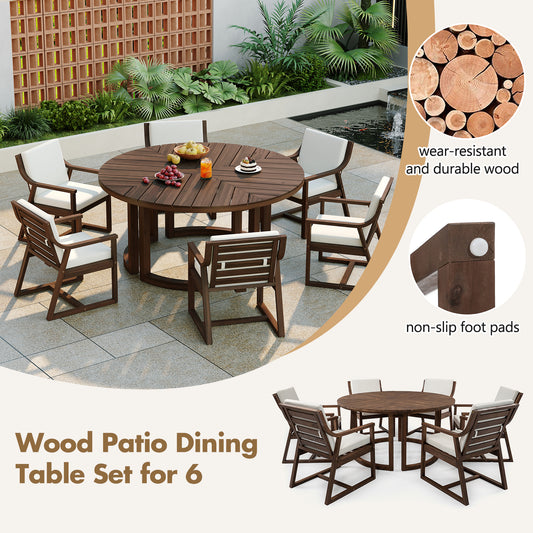 TREXM Patio Dining Table Set For 6  Round Dining Table With 1.96 Umbrella Hole  Outdoor Wooden Patio Furniture Set With Removable Cushions For Garden  Backyard And Pools  Mocha Beige Cushion