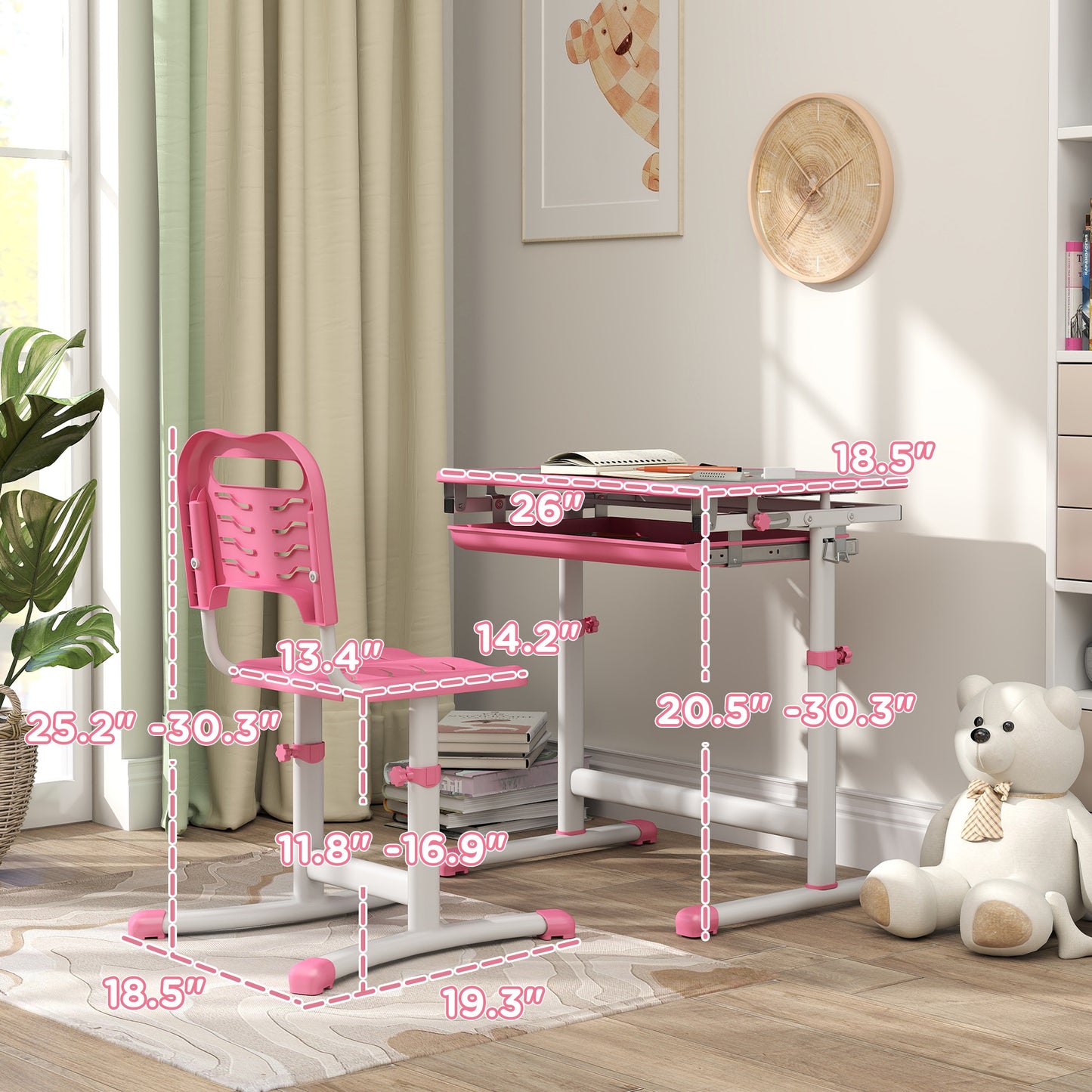 Height Adjustable Kids Desk And Chairs Set With Tilt Desktop, Storage Drawer, Pen Slot, Hook, Pink