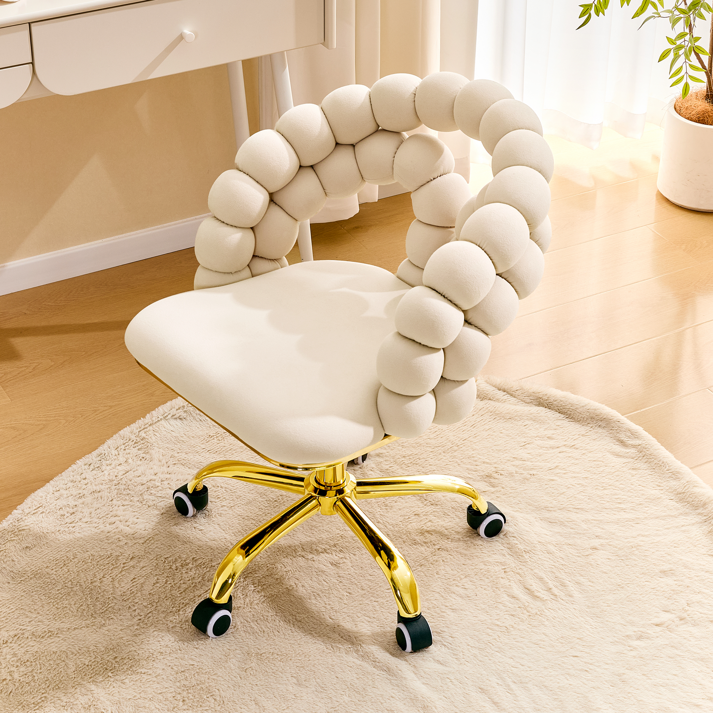 Modern Velvet Adjustable Swivel Desk Chair With Bubble Back, Upholstered Vanity Chair With Gold Metal Base, Rolling Office Chair For Home Office, Bedroom, Makeup Room, Beige  Set Of 1