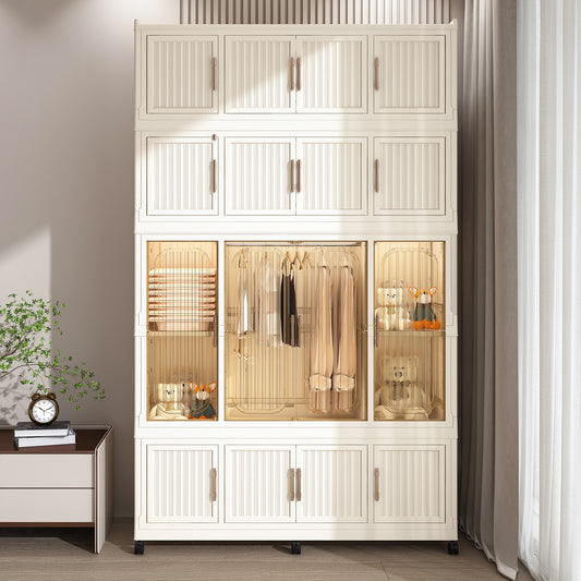 Portable Wardrobe Closet Storage Organizer For Clothes,Clothes Dresser,17 Magnetic Doors-17 Cubes & 1 Hanging Rod,6 Pcs Hangers , Baby Wardrobe Storage Cabinet,White