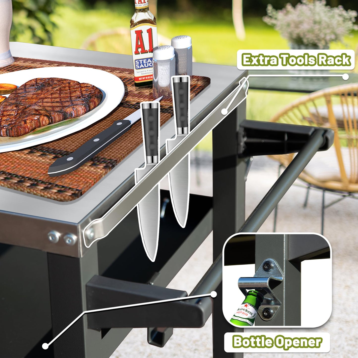 3-Shelf Outdoor Grill Table, Grill Cart Outdoor With Wheels, Pizza Oven And Food Prep Table, Blackstone Table With Stainless Steel Tabletop, Grill Stand For Blackstone Griddle For Outside BBQ