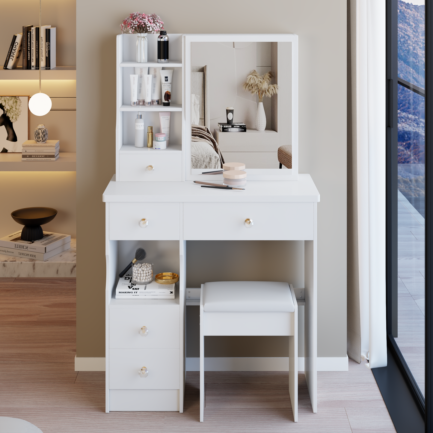 29.2 Small Space Left Drawer Desktop Vanity Table  Cushioned Stool, Extra Large Right Sliding Mirror, Multi Layer High Capacity Storage, Practical Fashionable Dresser, EPA, GCC, UL Certificate