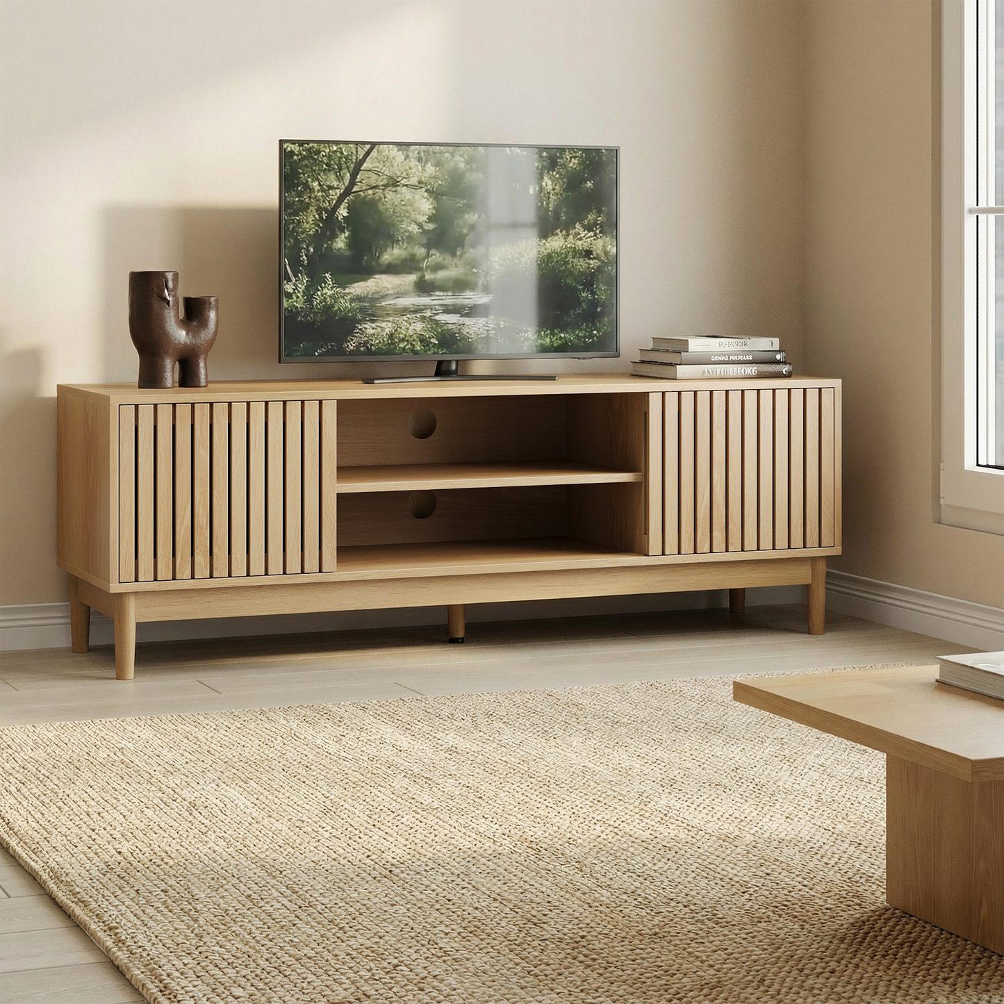 55-inch TV Stand, Mid-century Modern Style TV Stand Suitable For 55 65-inch TVs, Entertainment Center With Storage, Media Console For Living Room And Bedroom, Oak Color