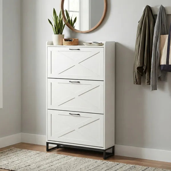 Barn Door Three-drawer Cabinet With Top Panel, Shoe Cabinet, Particleboard, 80x24x145cm, Distressed White
