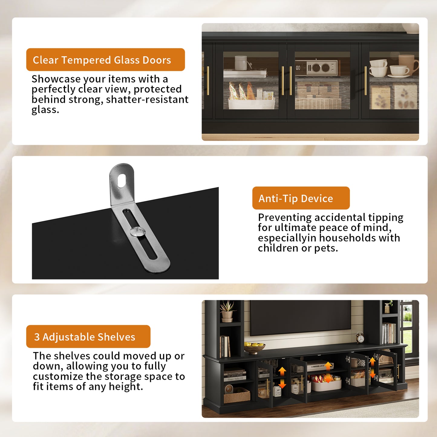 Entertainment Center Wall Unit For TVs Up To 80  , All-in-One Modern TV Stand With Bookshelves & Tempered Glass Doors, TV Console Unit With Shelving For Living Room, Entertainment